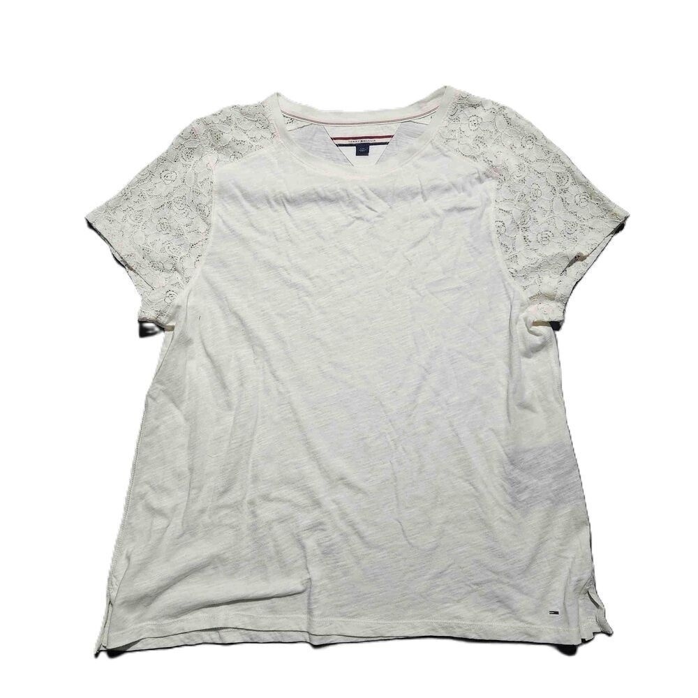Tommy Hilfiger White Lace V Neck Short Sleeve T Shirt Large